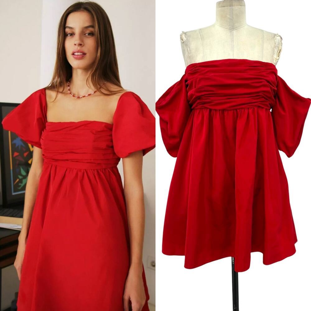 Free People Mia Square-Neck‎ Mini Dress Red Off the Shoulder Puff Sleeve Size 6